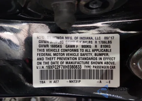 2017 Honda Civic Ex from USA, damaged, VIN 19XFC2F7XHE080833